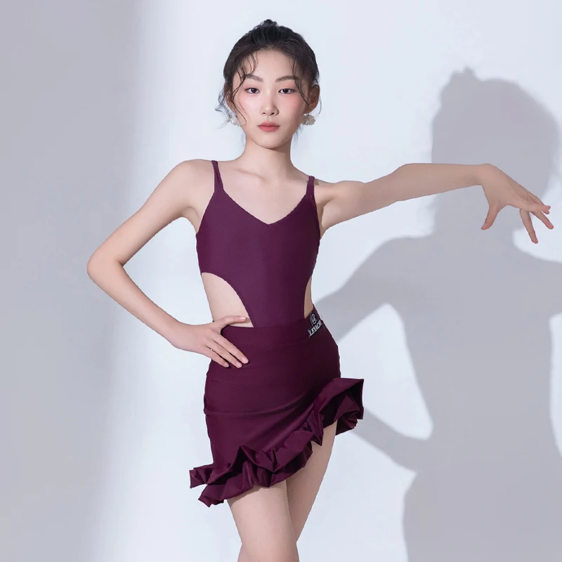 فستان رقص اللاتينية الأطفال التانغو رومبا أداء الرقص ملابس الفتيات الأرجواني أكمام الرقص القمم ممارسة تنورة مجموعة XH2947