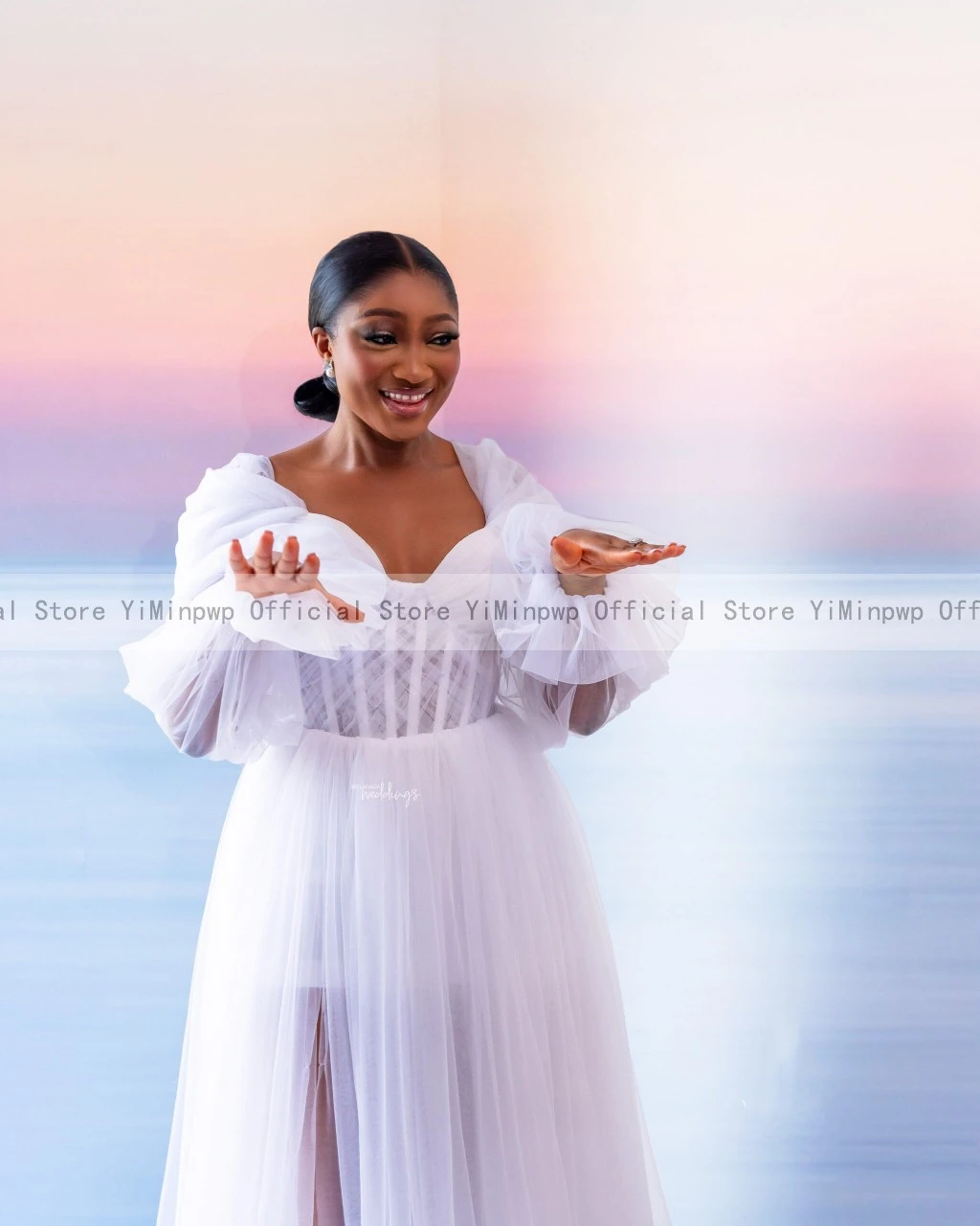 White Tulle Bride Robes for Wedding Africa Bridal Shower Dresses Off Shoulder Long Sleeve Side Split Pleats Tulle Customized