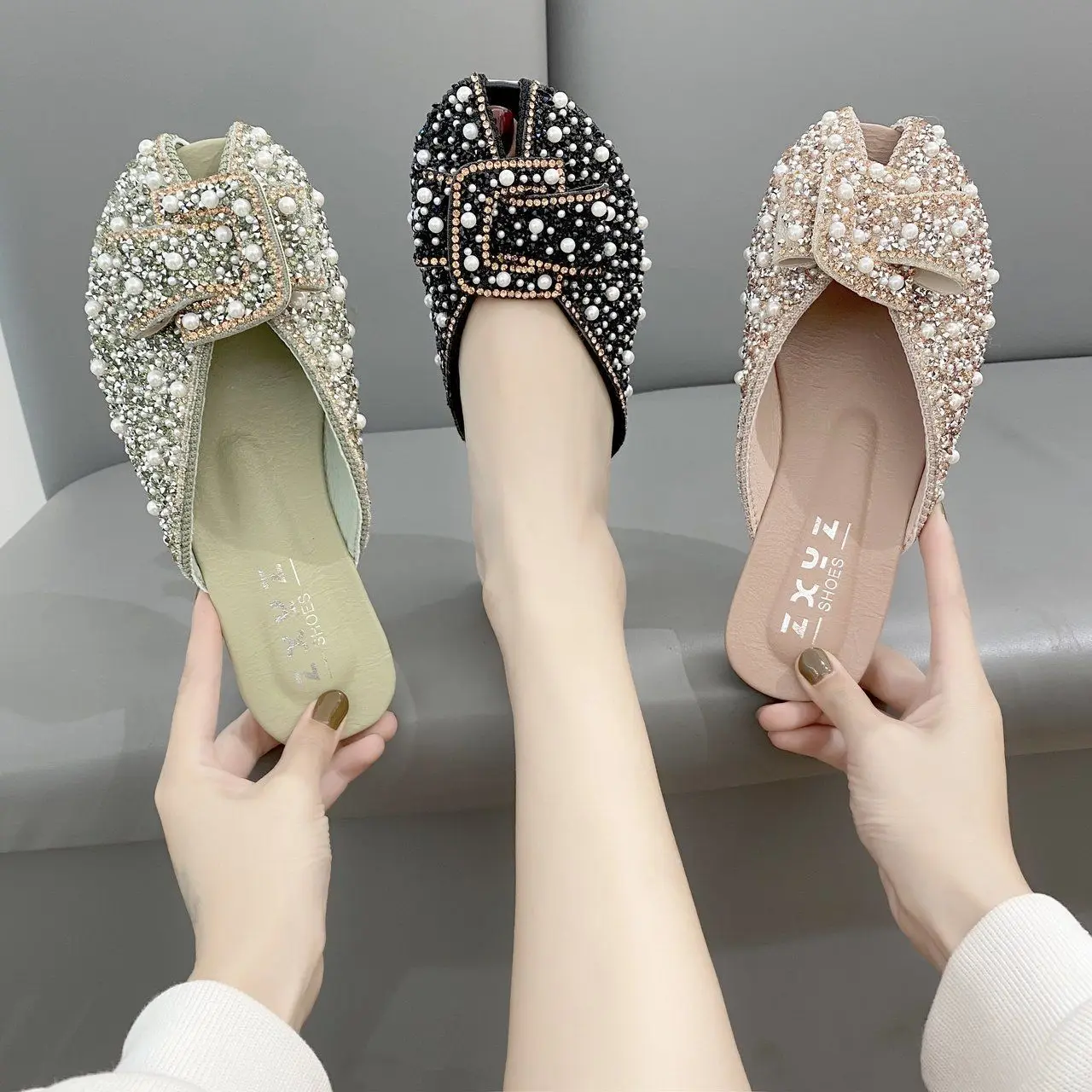 Glitter Elegant Mules Shoes for Women Sandals Fashion Heeled Rhinestone Sequin Slippers Summer New 2024 Flat Slipper Comfortable