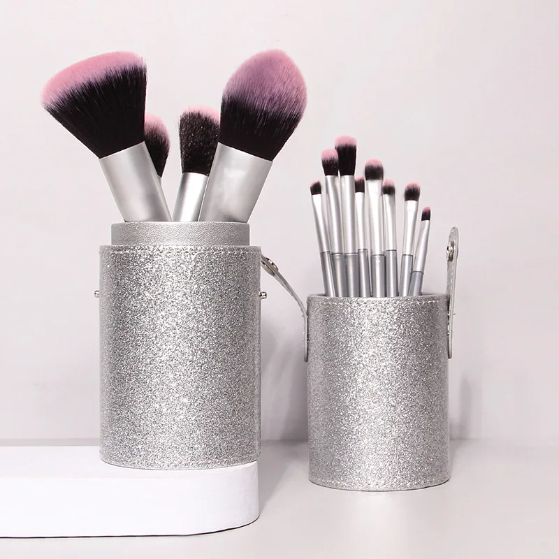 

13PCS Silver-Grey Handle Black Base Pink Head Makeup Brush Set&Sparkling Silver Large Holder Achieve the Perfect Look