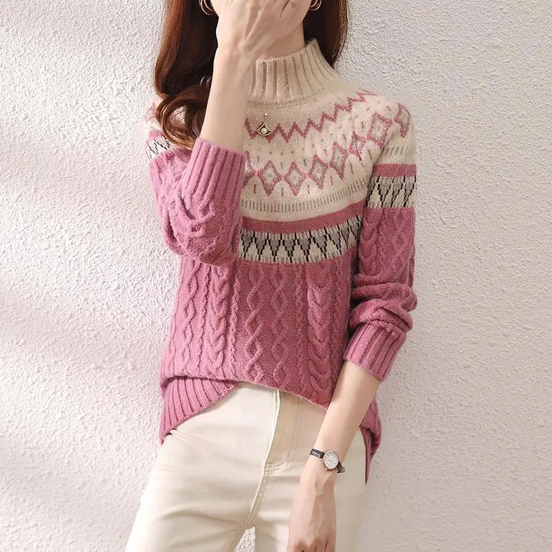 Autumn and Winter Women's Pullover High Neck Loose Fit Long Sleeve Screw Thread Sweater Underlay Fashion Elegant Casual Tops