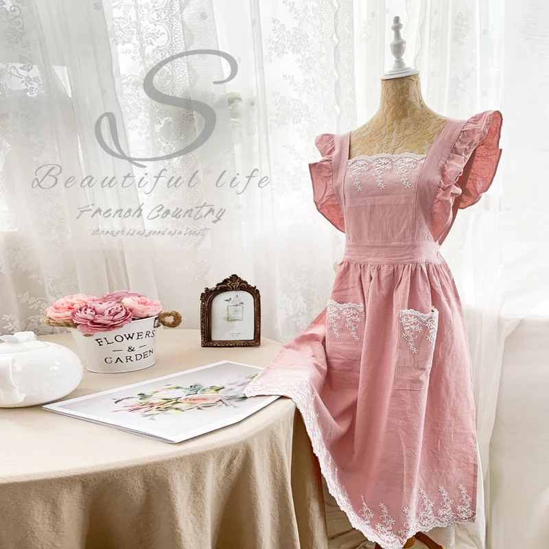 Washed Cotton Linen Lace Aprons Cooking Kitchen Aprons Flower Shop Garden Ruffles Work Clean Apron for Woman Overalls Dress