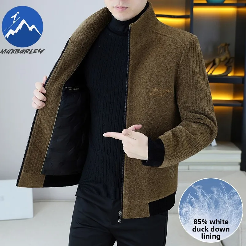 Maxbarley Men Short Down Jacket Stand Collar Outdoor Office Lightweight Puffer Coat High End Embroidery Warm Winter Wool Jackets
