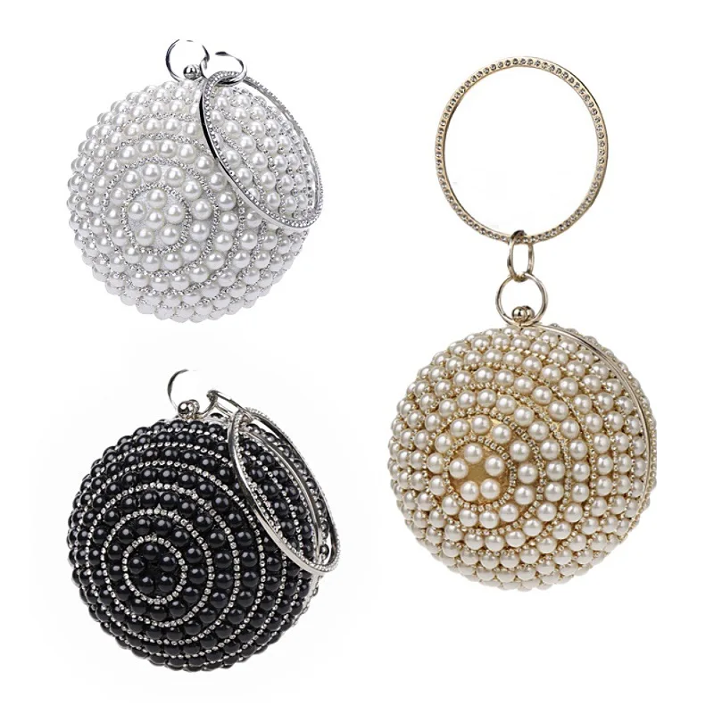 

Luxury Elegant Evening Bag Round Pearl Clutch Purse Handbag Ring Handle For Women Bride Bridesmaid Wedding Party Handbag Purses
