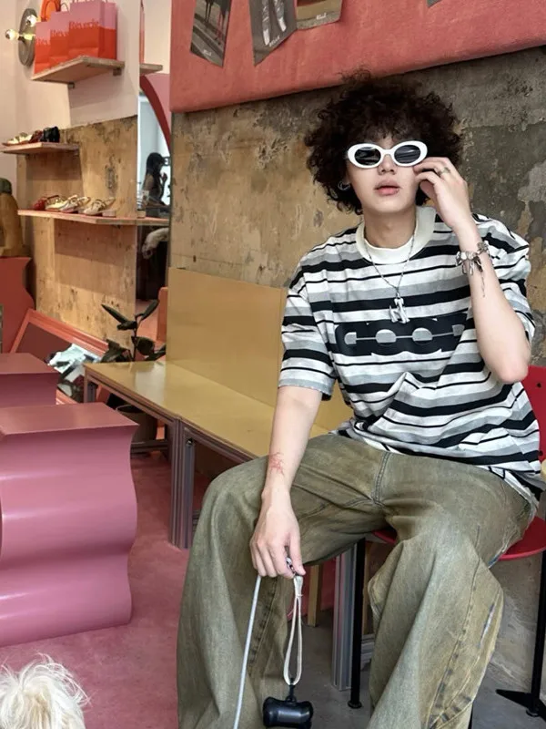 

Футболка Goodbrand Casual Retro с полосатым принтом и надписями, молодежная, хлопковая, летняя, для повседневной носки