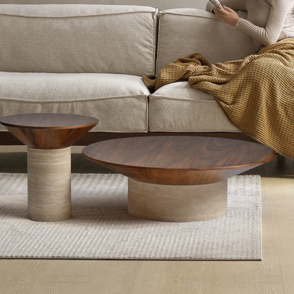 

OEM New Arrival Wholesale Contemporary Round Living Room Furniture Limestone Solid Wood Table Top Marble Travertine Coffee Table