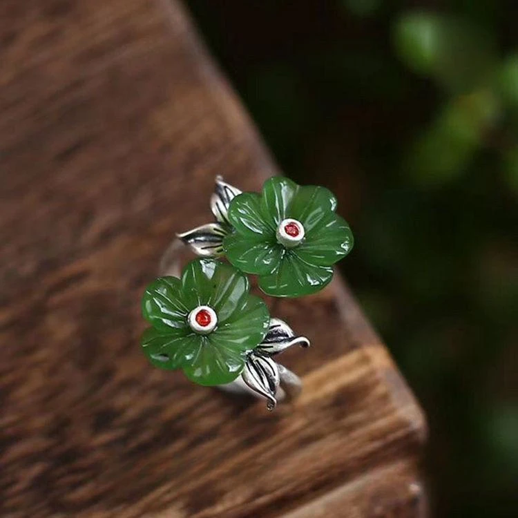 

Green Jade Flower Rings Adjustable Ring Gift Chinese Women Jewelry Real Amulet Charm 925 Silver Natural Gemstones Amulets