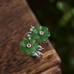 Green Jade Flower Rings Adjustable Ring Gift Chinese Women Jewelry Real Amulet Charm 925 Silver Natural Gemstones Amulets