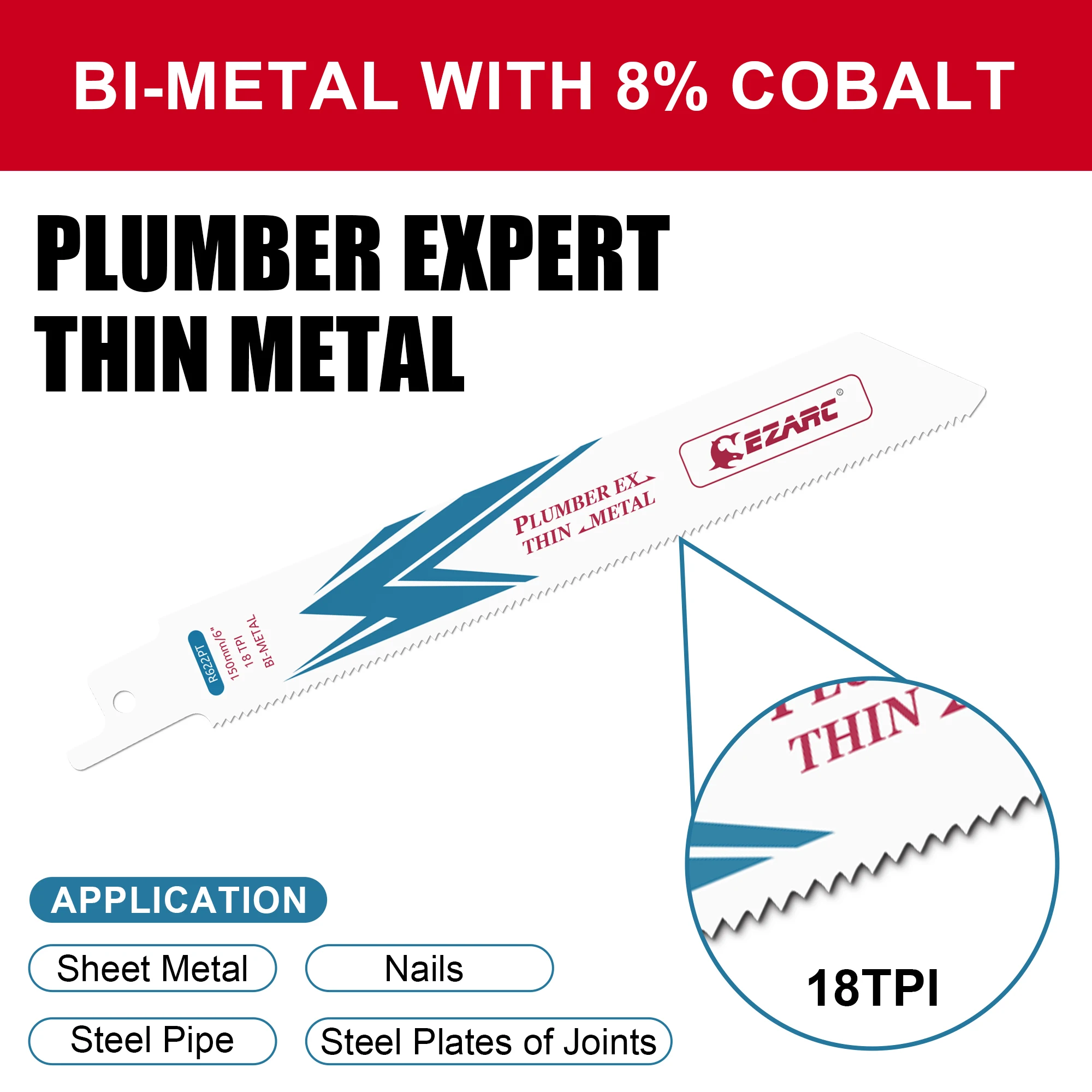 EZARC 5 Chiếc Chuyển Động Qua Lại Lưỡi Cưa Bi Kim Loại Coban Sabre Thấy Lưỡi Dao Mỏng-Trung Bình Cắt Kim Loại 6-Inch 150Mm R622PT 18TPI