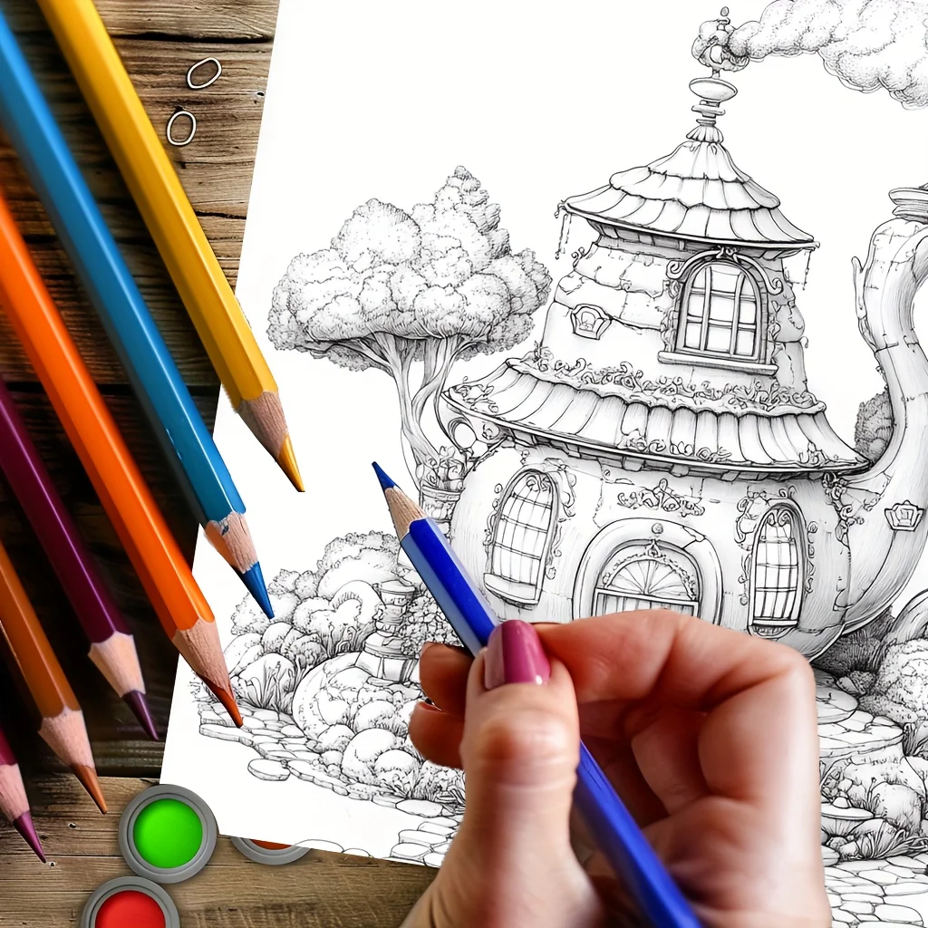 28 Pages Dreamy Teapot House Coloring Book for Adult, Birthday Party Gift, Drawing Supplies, Christmas, Thanksgiving, Halloween