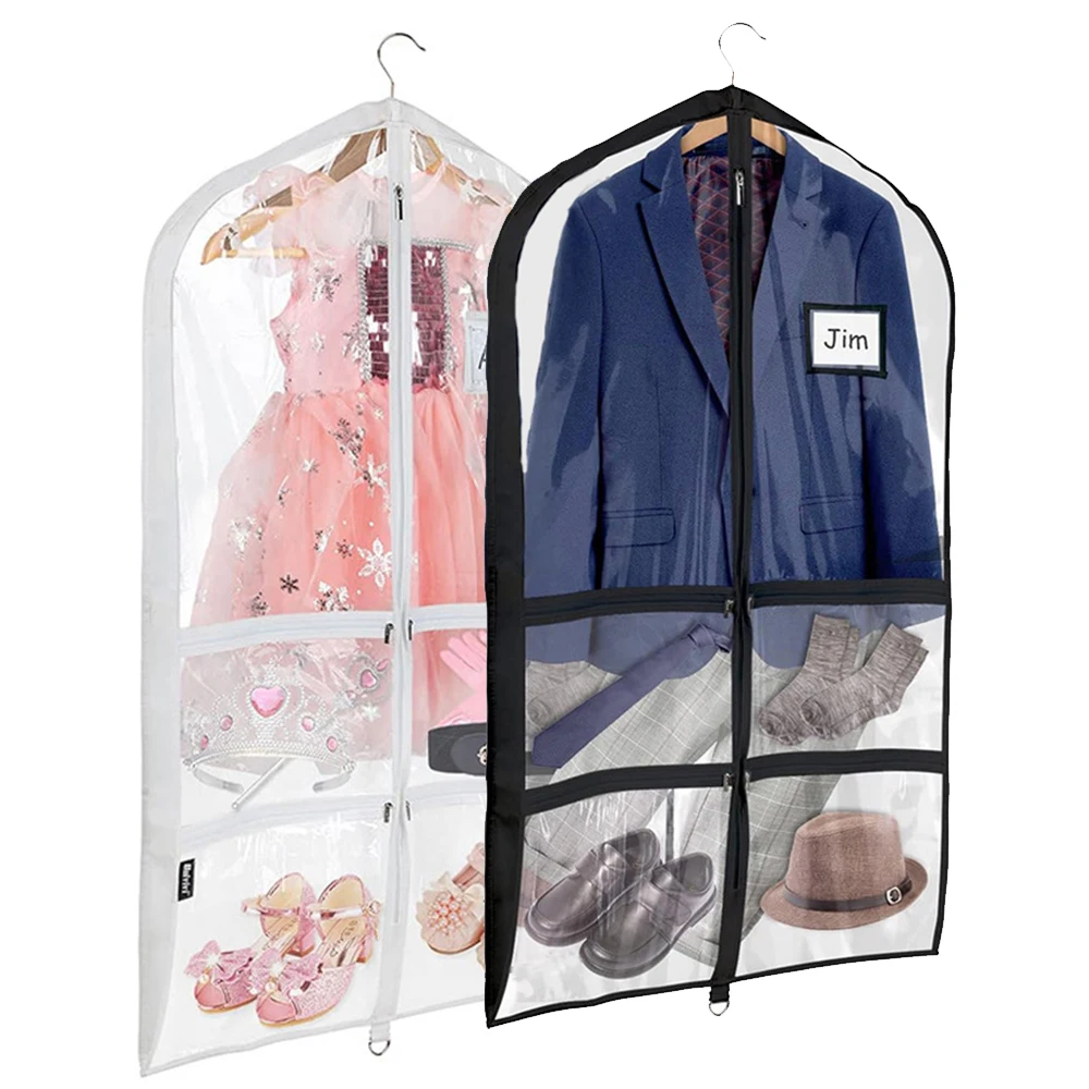 

Transparent PVC Dust Cover Garment Bags for Dance Costumes With Multiple Clear Zipper Pockets for Travel and Dance Competition