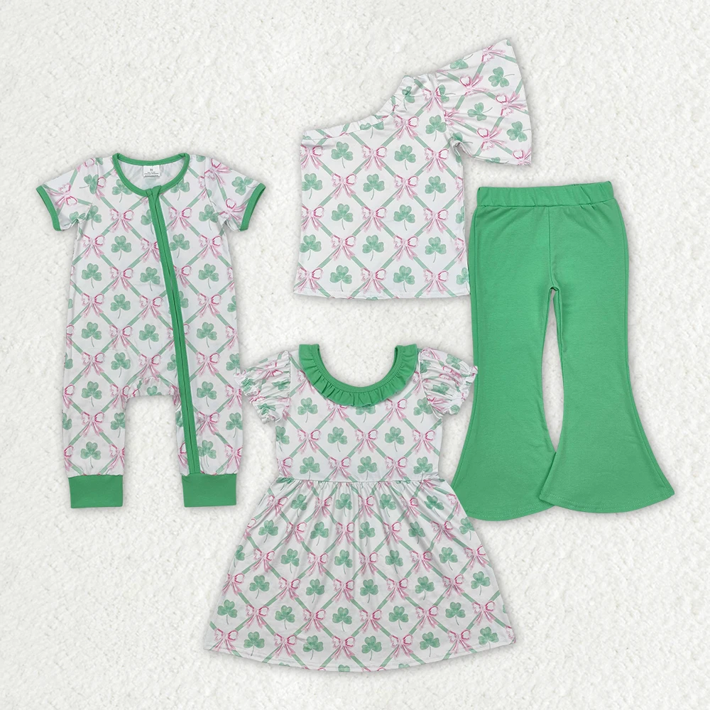 

GSPO1793 Wholesale New Arrival baby girl clothes Four-leaf clover bow one-shoulder pants sets Summer Boutique baby romper dress