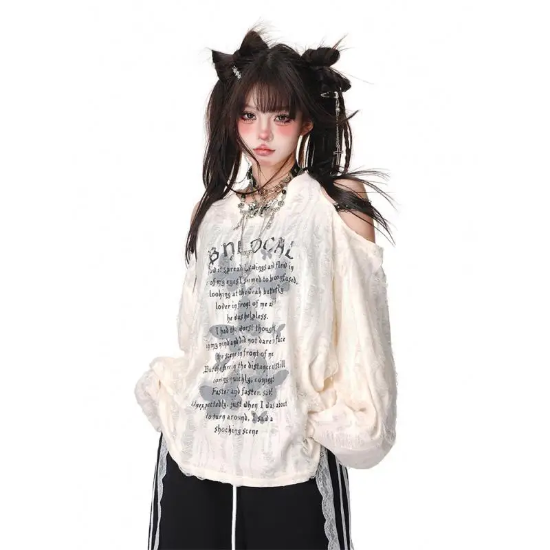 Women Trendy Vintage Butterfly Print Tees Sexy Hole Off Shoulder Streetwear Harajuku T-shirt E Girl Y2K Gothic Long Sleeve Tops