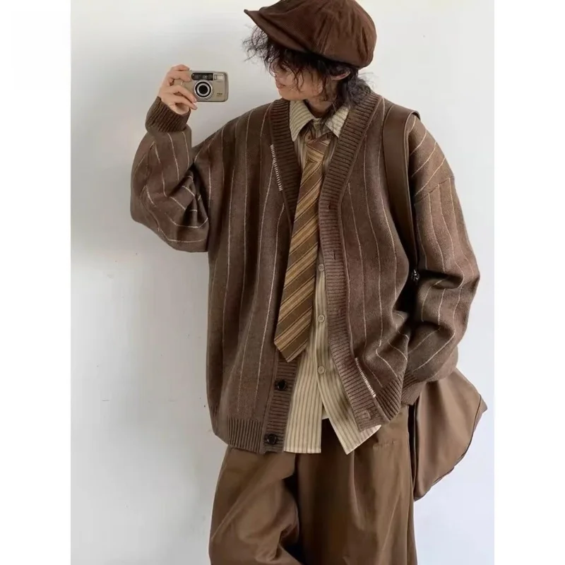 

Унисекс-кардиган в полоску, вязаный, с V-образным вырезом, для мужчин и женщин, осенне-зимний, повседневный, мягкий полиэстер