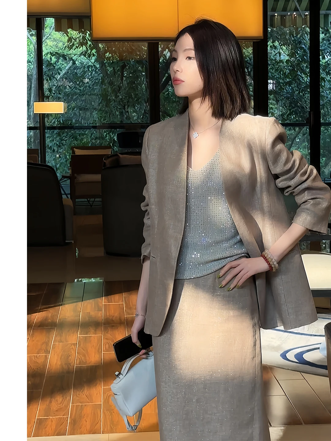 Elegant Minimalist Gold Thread Linen Suit Set Women's Commute Neckless Blouse And Half Skirt Two Piece Set Casual Fashion