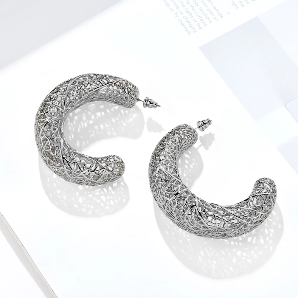 IVOG Brass Hollow Out C Shape Hoop Earrings for Women, Large Open Wire Mesh Ear Hoops Trendy Daily Party Jewelry Gift for Her