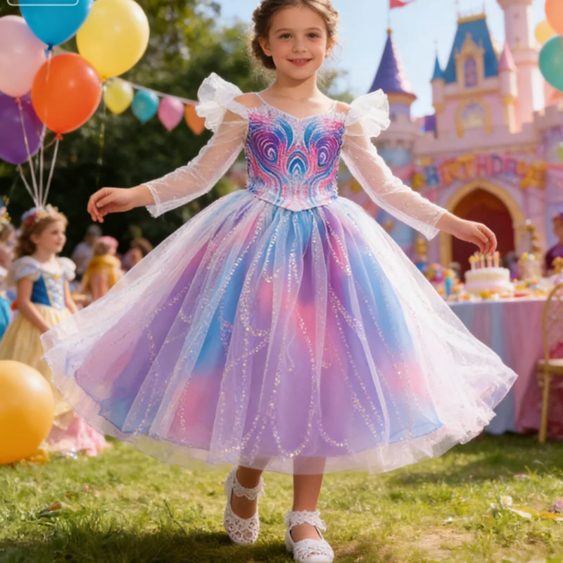 Mädchen Hexenkostüme Lila Mesh Tüll Prinzessin Kleid Mädchen Halloween Cosplay Böse Kostüm Verkleidung Karneval Party Abendkleid