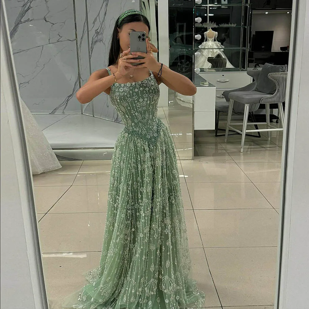 

Msikoods Luxury Formal Evening Gown Sparkly Beaded A Line Formal Dress Elegant Party Dress Spaghetti Strap Prom Dress Customized