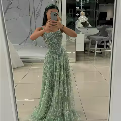 Msikoods Luxury Formal Evening Gown Sparkly Beaded A Line Formal Dress Elegant Party Dress Spaghetti Strap Prom Dress Customized