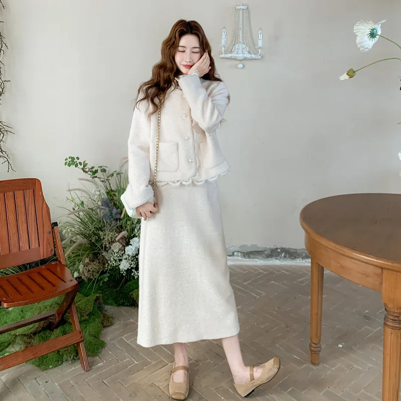 Small fragrant style two-piece women autumn and winter coarse tweed patchwork lace short temperament jacket+half skirt