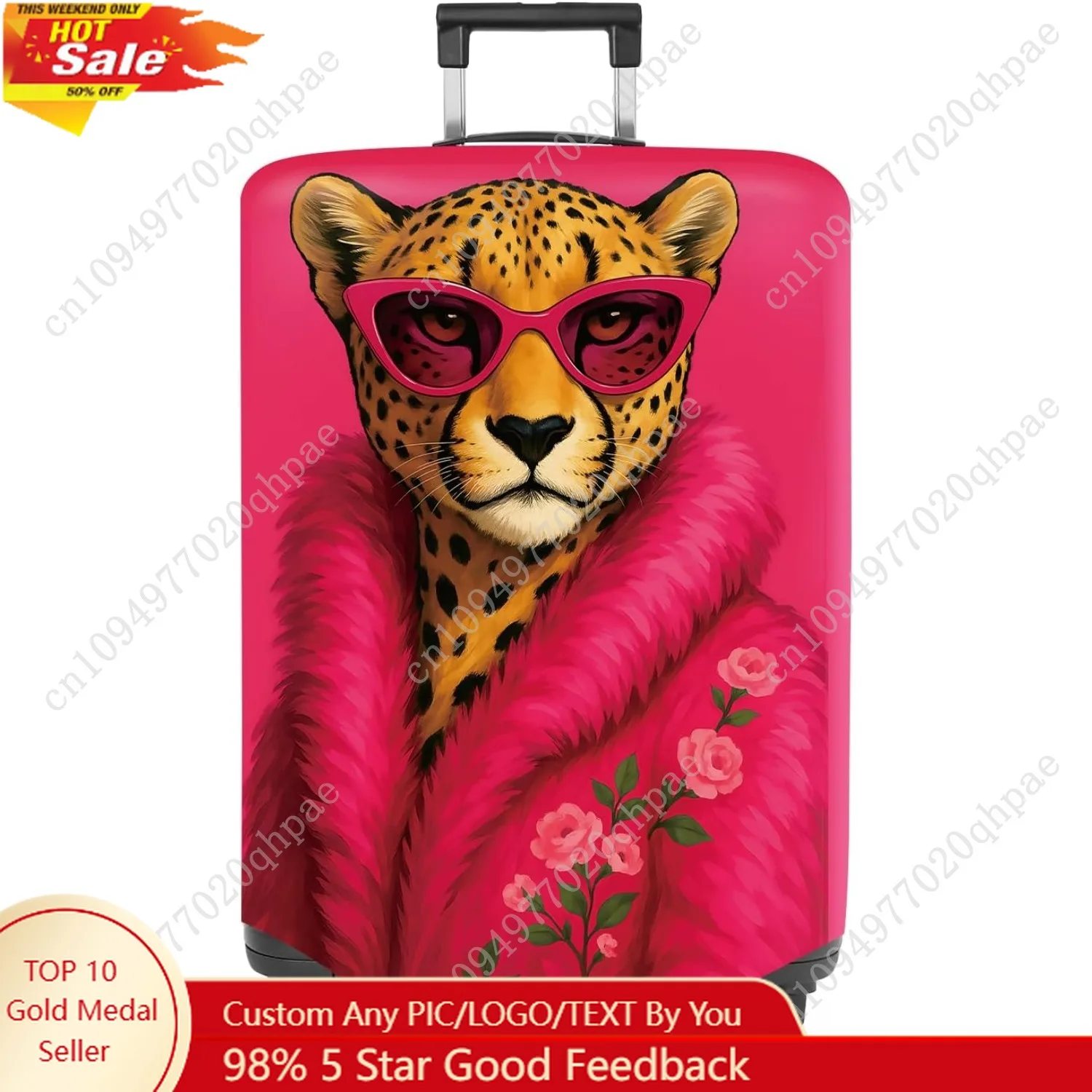 ANNA QUEEN Housse de bagage léopard à la mode, léopard en manteau rose et lunettes de soleil, pochette de voyage extensible et lavable pour 28-30