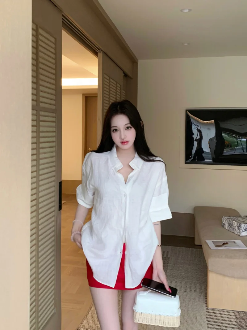 

Summer Loose Women's Neck Half Sleeve Shirt Sun Protection Minimalist White Design Open Cardigan Top Breathable Comfortable