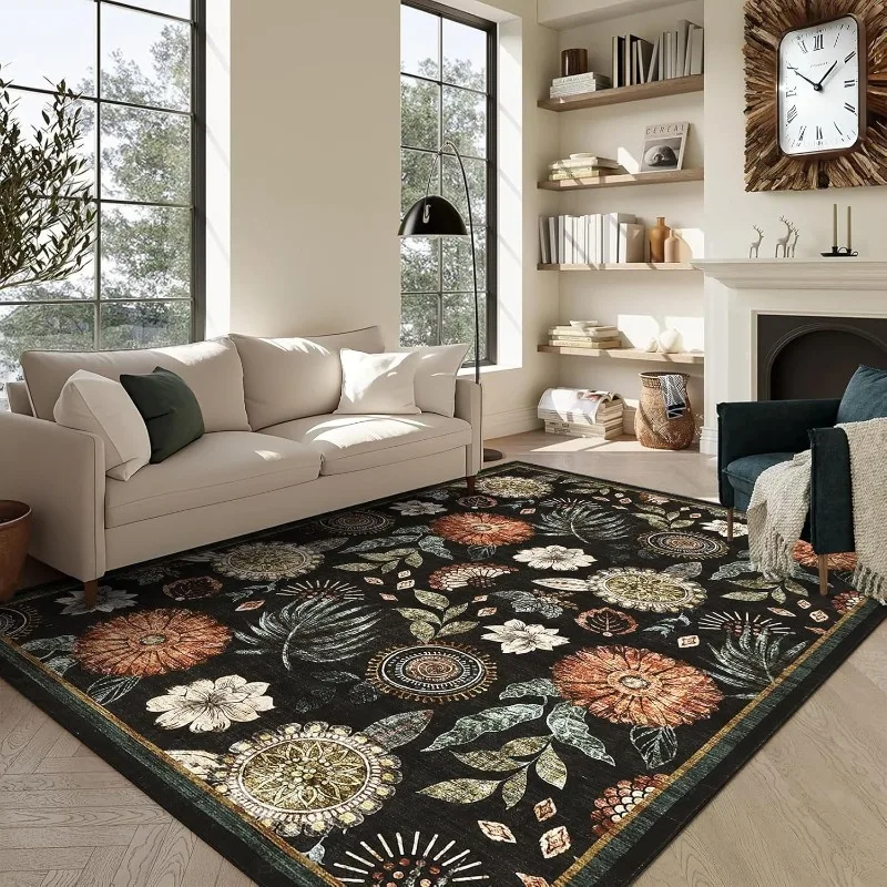 

Black Nordic Style Living Room Carpet Large Area Retro Print Bedroom Rugs Machine Washable Non-slip Coffee Table Sofa Mats Tapis