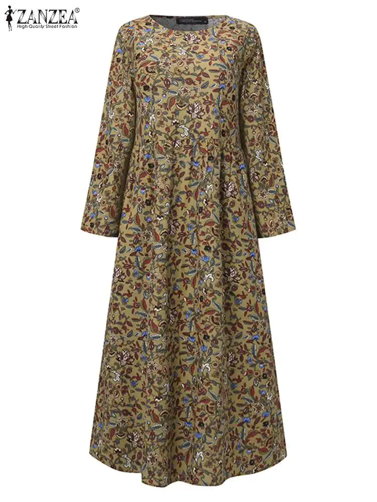 Vintage Sundress ZANZEA Women Autumn Long Sleeve Floral Printed Mid-calf Dress Retro Casual Loose Vestidos Kaftan Robe Femme