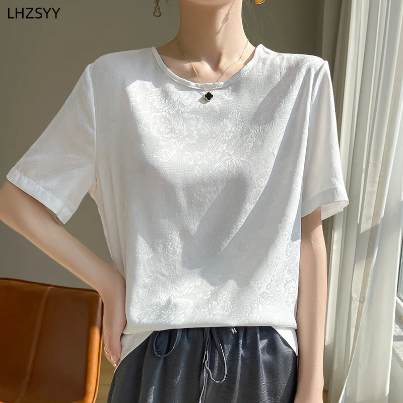 

LHZSYY Silk Satin Short-Sleeve T-Shirt Ladies' O-Neck Loose Summer Half-sleeve Tops Fashion Mulberry Silk Suit Internal Blouse