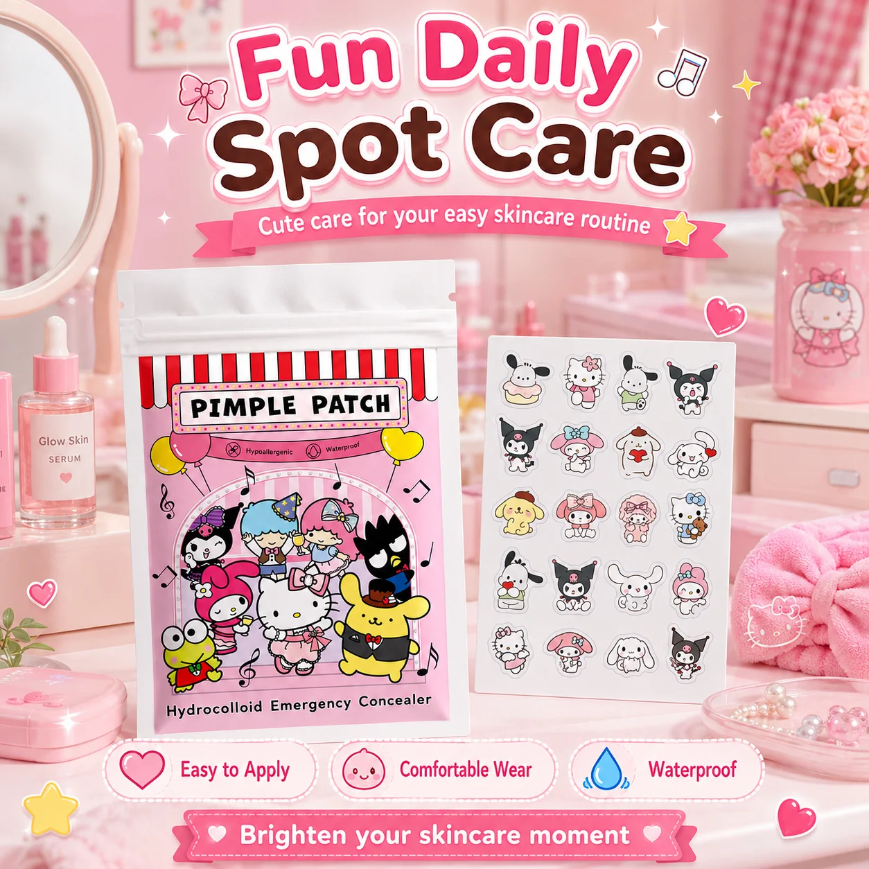 20/100pcs Hello Kitty Hydrocolloid Pimple Patch Set, Cute Cartoon Spot Stickers, Waterproof Invisible Face Care Patches view 3