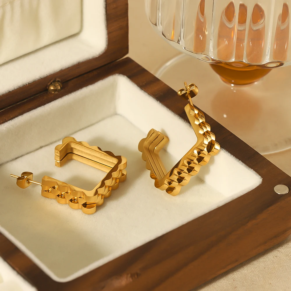 Heiß begehrte klobige quadratische geometrische Ohrstecker, 18K vergoldet, Edelstahl-Uhrenarmband-Ketten-Creolen, Schmuck – Detail 1