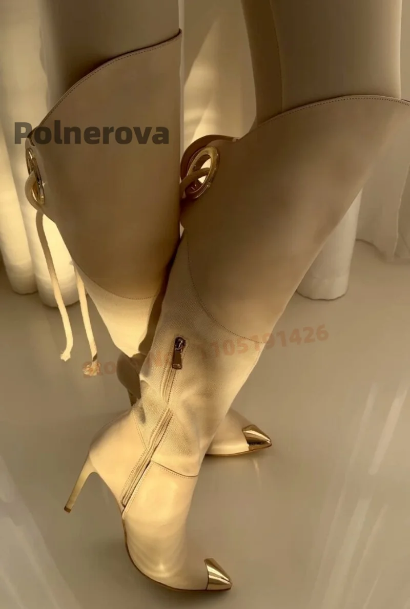 Metal Pointed Toe Knee Length Suede Boots Women Elegant Splicing Leather Thin High Heels Long Boots Fashion Ring Decor Shoes