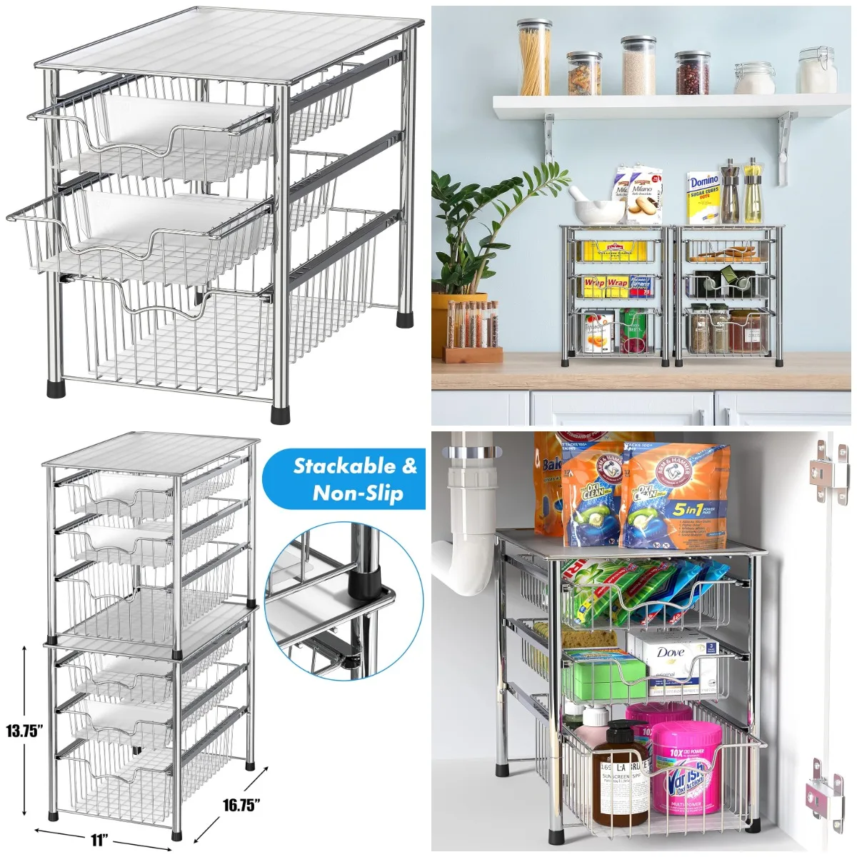 

Stackable 3 Tier Sliding Basket Organizer Drawer, Chrome
