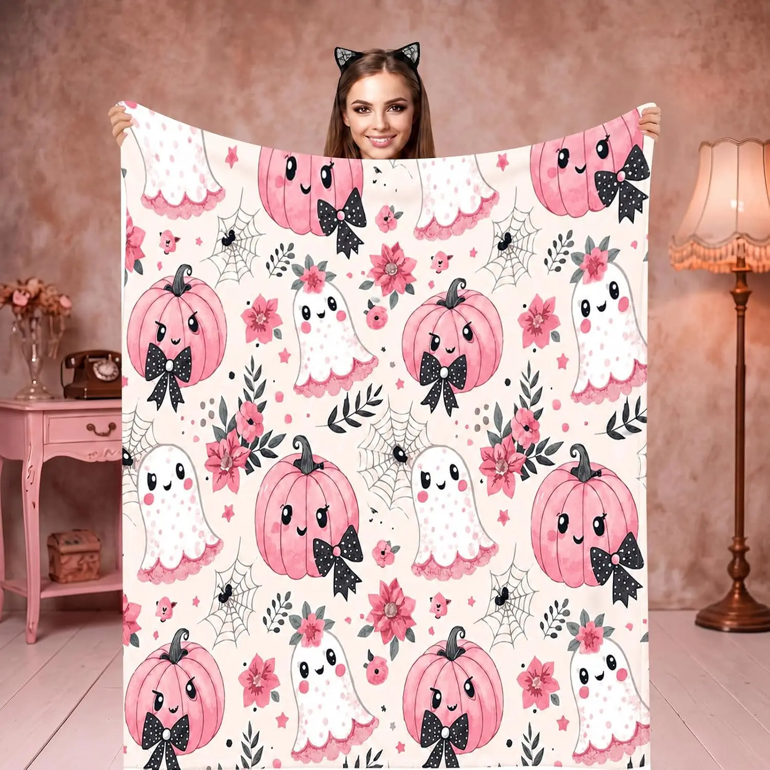 Fanfanwin Pink Cute Pumpkin Halloween Blanket 50