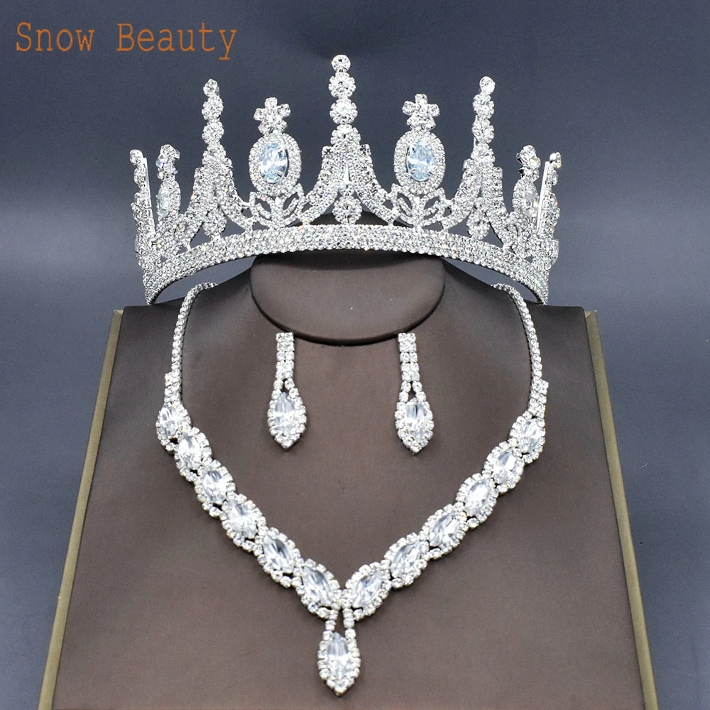 

A213 Silver Crystal Bridal Jewelry Sets Fashion Bride Tiaras Crown Earrings Choker Necklace African Women Beads Jewelry Sets