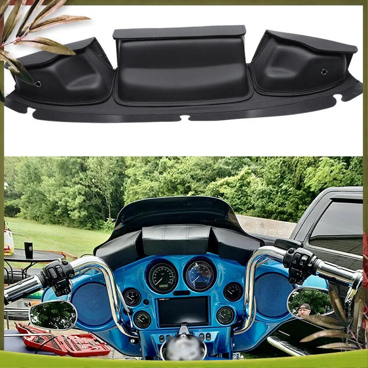

AB98-Windshield Bag Three Pocket Batwing Fairing Pouch For 2014-2022 Touring Electra Glide, Street Glide Tri Glide