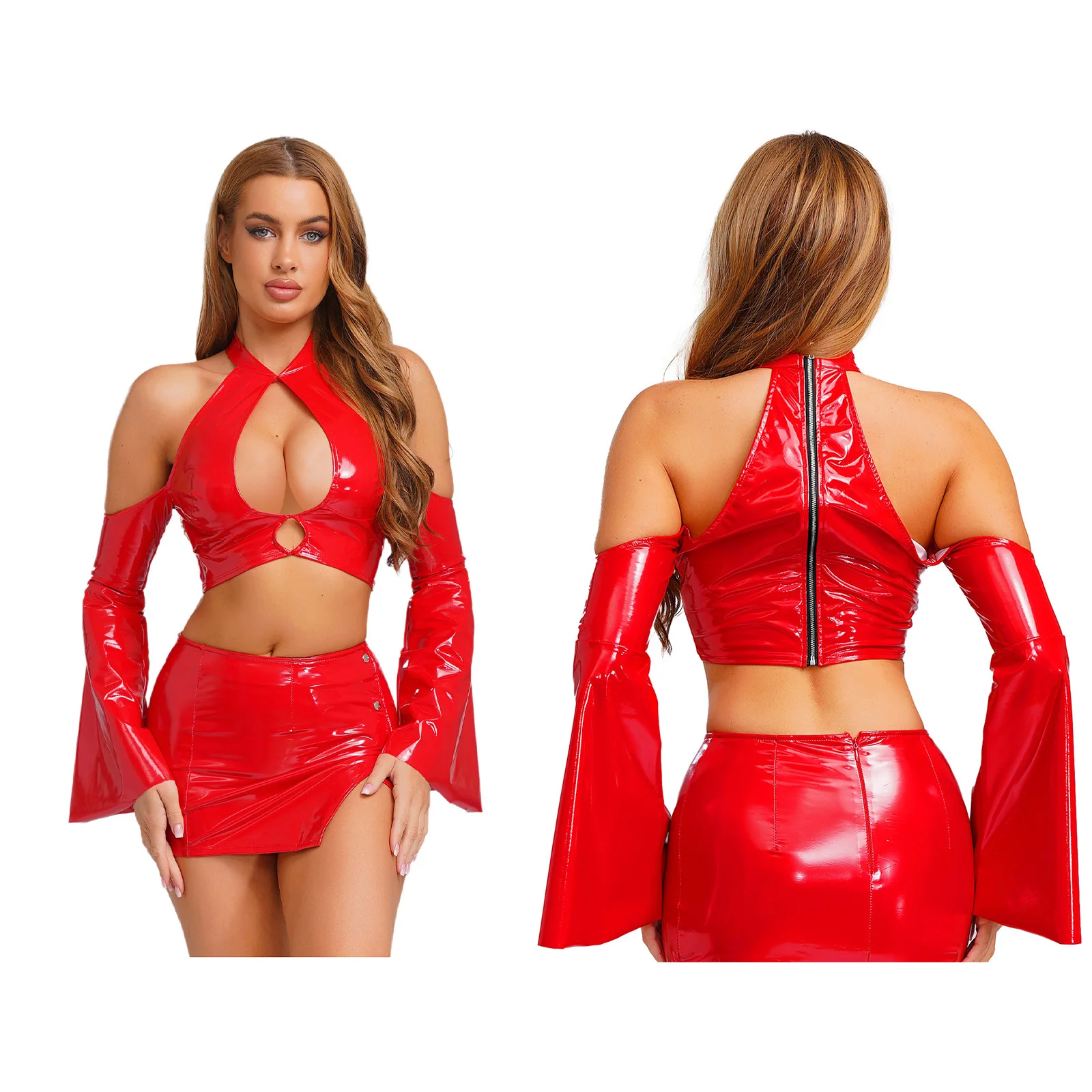 

Женский кожаный укороченный топ с мокрым эффектом и вырезами, с открытыми плечами, с длинными расклешенными рукавами и молнией сзади, облегающие топы, вечерние блузки, клубная одежда