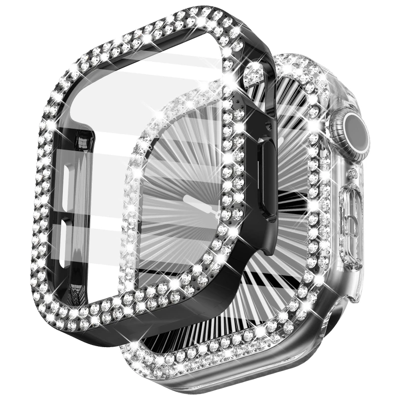 Diamant-Abdeckung für Apple Watch-Gehäuse 45 mm, 41 mm, 38 mm, 42 mm, 44 mm, 40 mm, gehärtetes Glas + Stoßstange, Displayschutzfolie Serie 9, 8, 7, 6, 5, 4, 3 SE