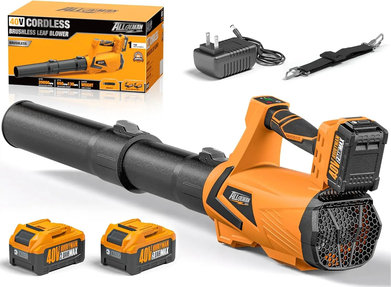 

Аккумуляторная воздуходувка для листьев 40 В с 2 батареями, бесщеточным двигателем 650 куб. футов в минуту, 3 скорости и турбонаддувом для листьев газона, пыли, снега