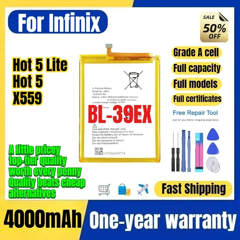BL-39EX for Infinix Tecno Hot 5 Lite/Hot 5/X559 Phone Battery  High Capacity Battery Replacement Bateria Grade A Cell with Tools