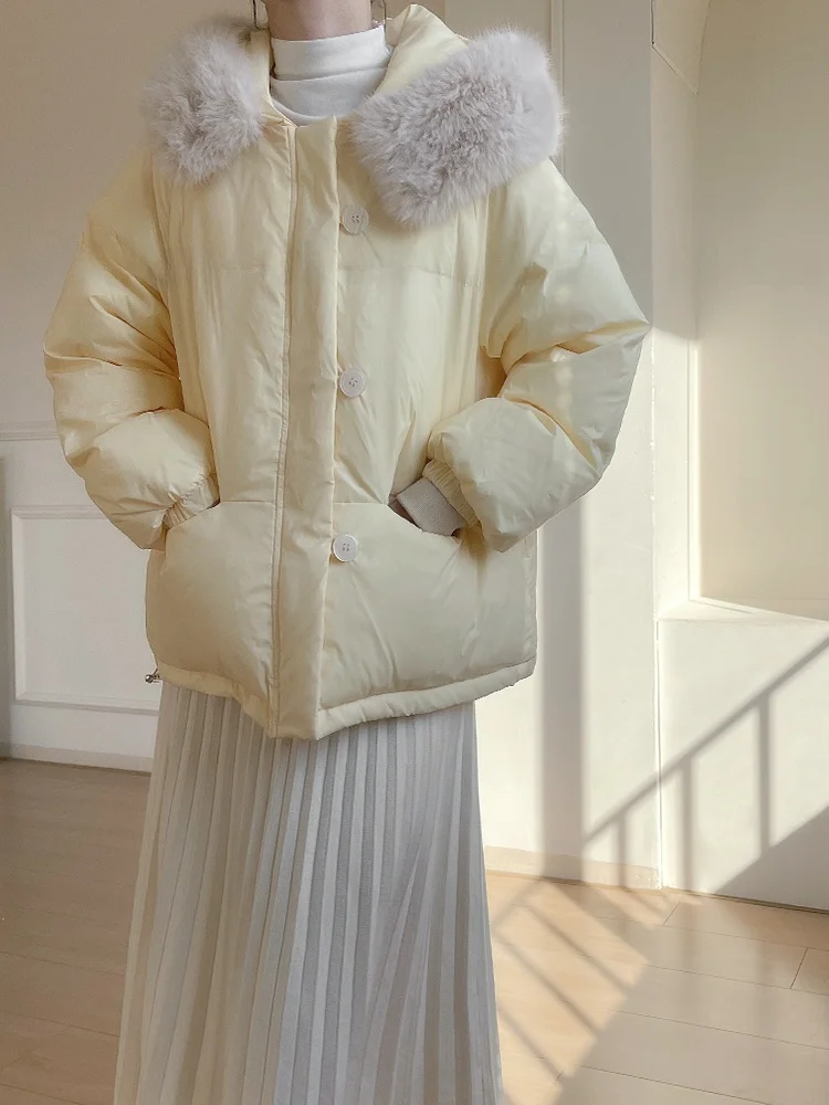 

Sweet Sle ort Thiened Yellow Du down Jaet Women's Small Size Winter Coat with Large Fur Collar Cute Sle Hoodie