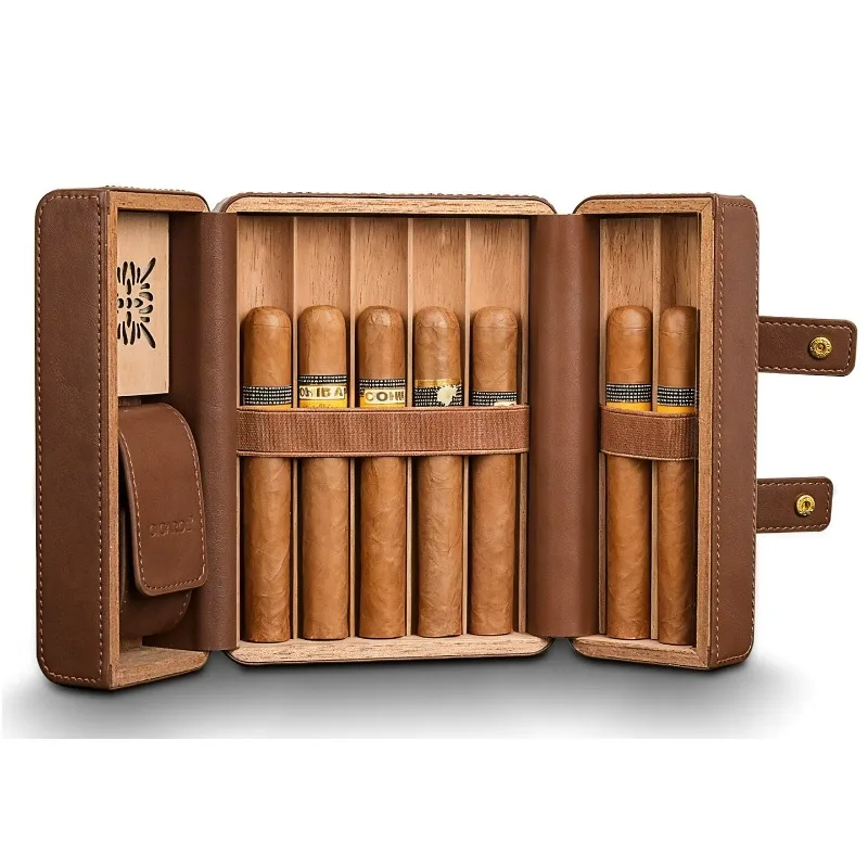 Portable Cedar Wood Cigar Humidor for 7 Cigars Travel Moisture Retention Case Compact Leather Pouch Set, Smoking Accessories Kit