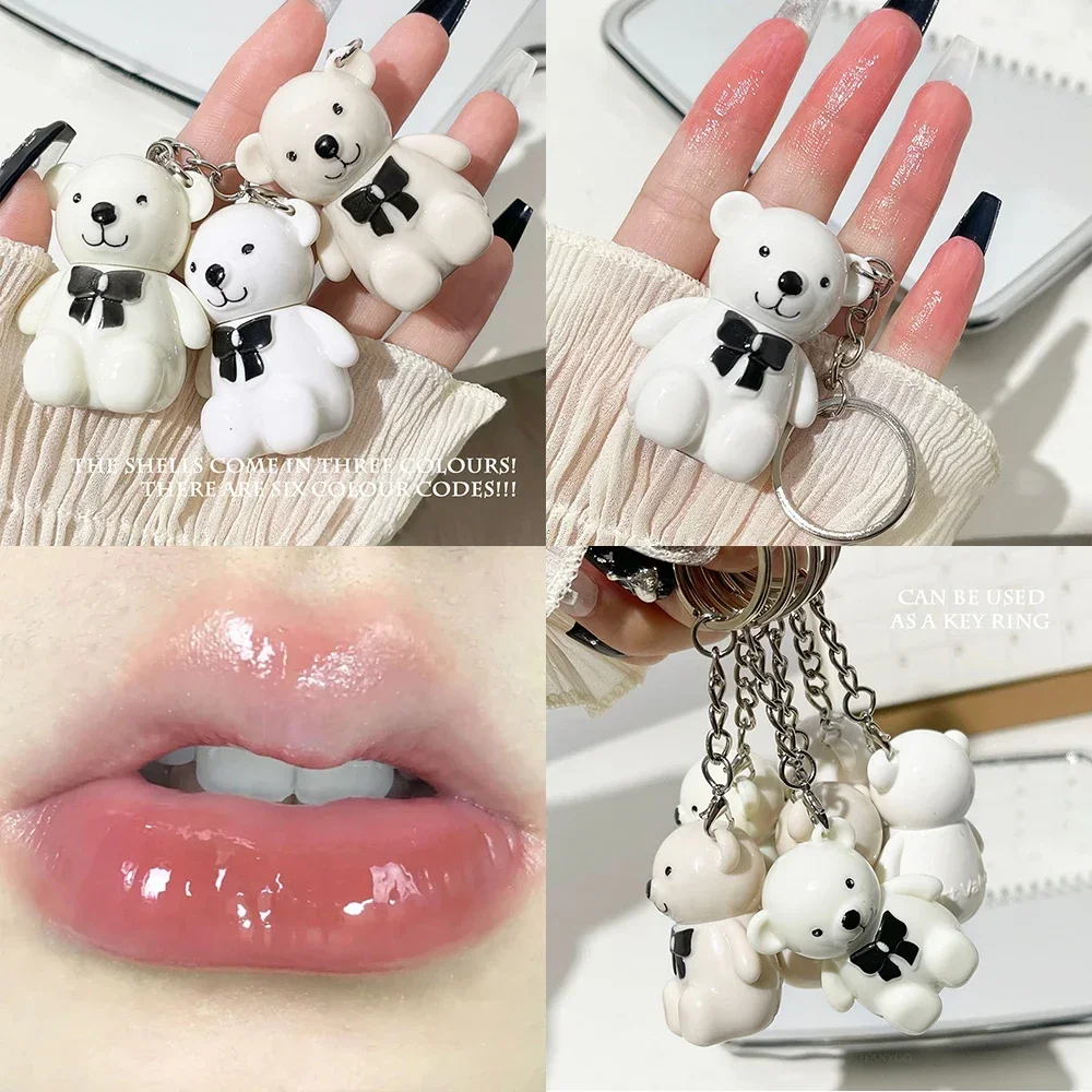 Water Light Stain Lip Gloss Mirror Glass Lipstick Cute Bear Keychain Lip Glazes Long-lasting Waterproof Matte Lip Tint Cosmetics