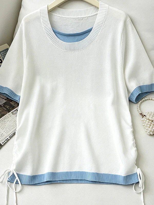 

plus Size Summer New Women's Slimming Design Knitted Top Drawstring T-Shirt Korean Style Loose Fit Breathable Skin-Friendly