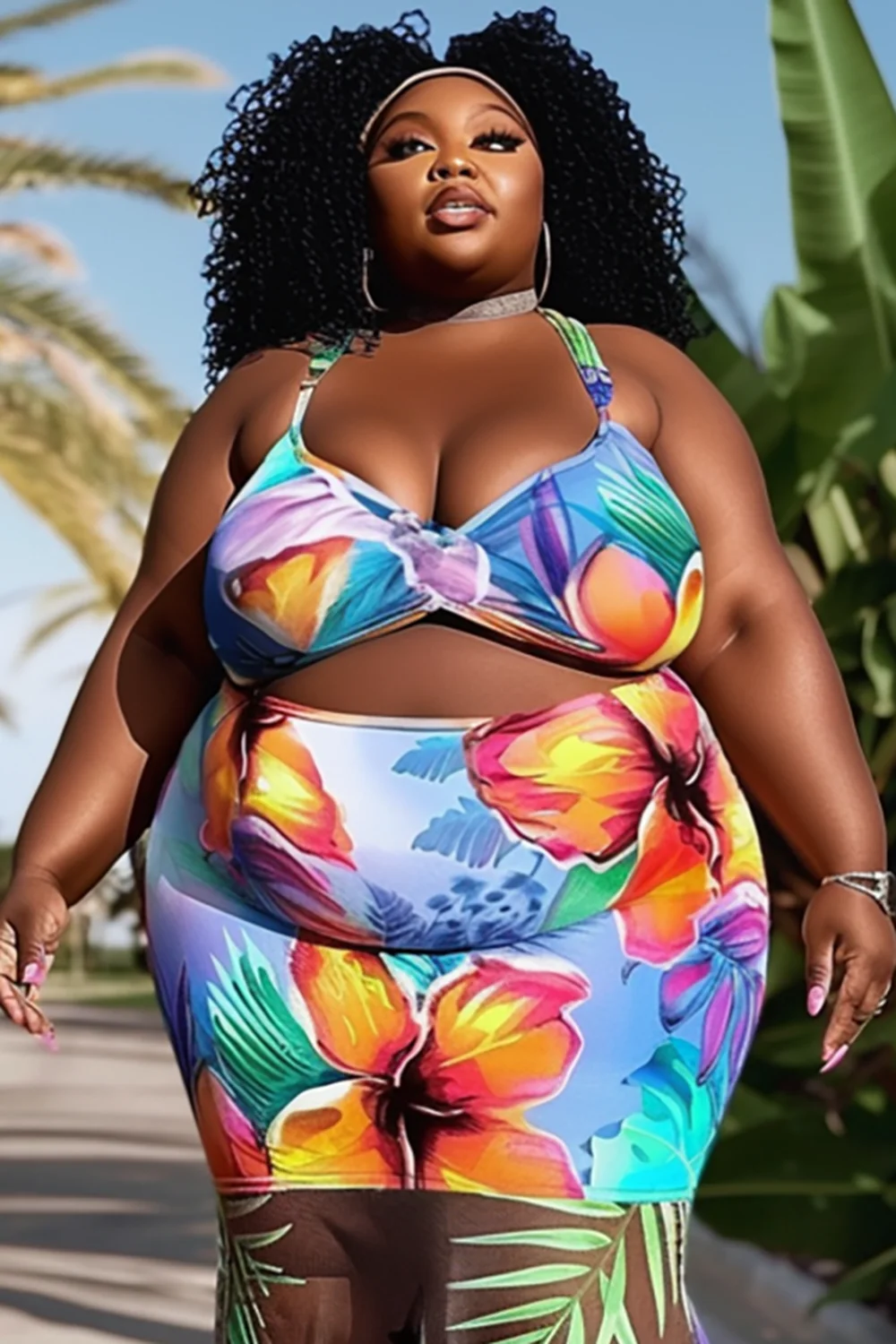 

Plus Size Beach Multicolor Tropical Print V Neck Bikini Tops