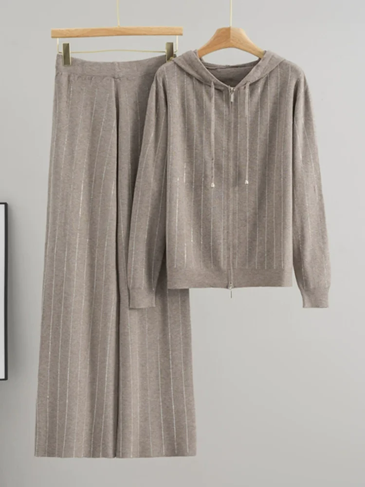 Ensemble 2 pièces tricoté pour femmes, Design strass, coréen, capuche, fermeture éclair, Cardigan ample, hauts, taille haute, pantalon à jambes larges, tenue
