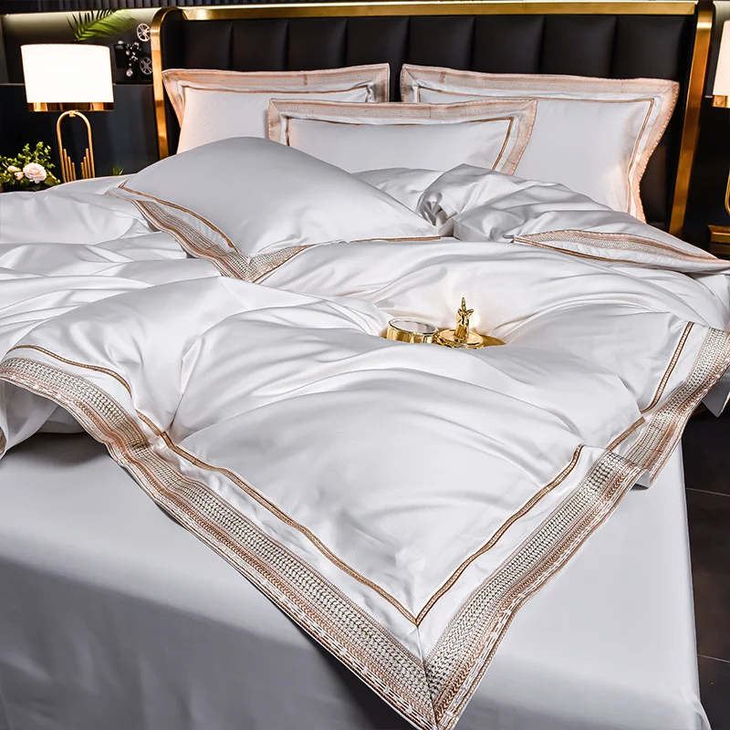 

4Pcs Luxury Embroidery Bedding Set 1000TC Egyptian Cotton Solid Color Hotel Style Duvet Cover Bed Sheet/Fitted Sheet Pillowcases
