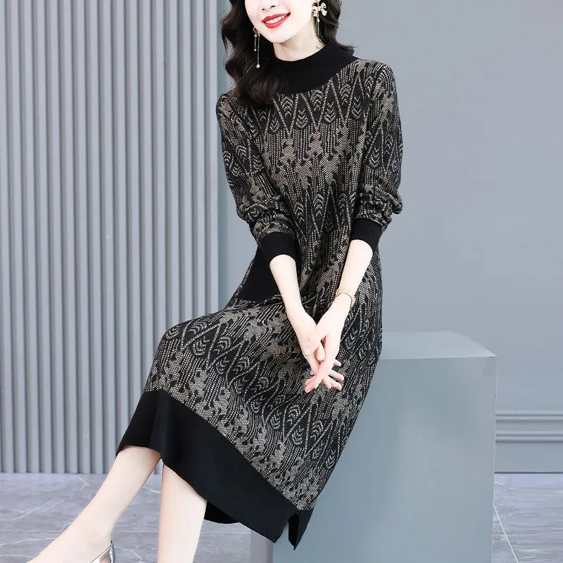 ZUO MAN RU 2022 New Autumn And Winter Wool Knitted Dress Women's Jacquard Relaxed Bottoming Thin Knitted Wool Dress