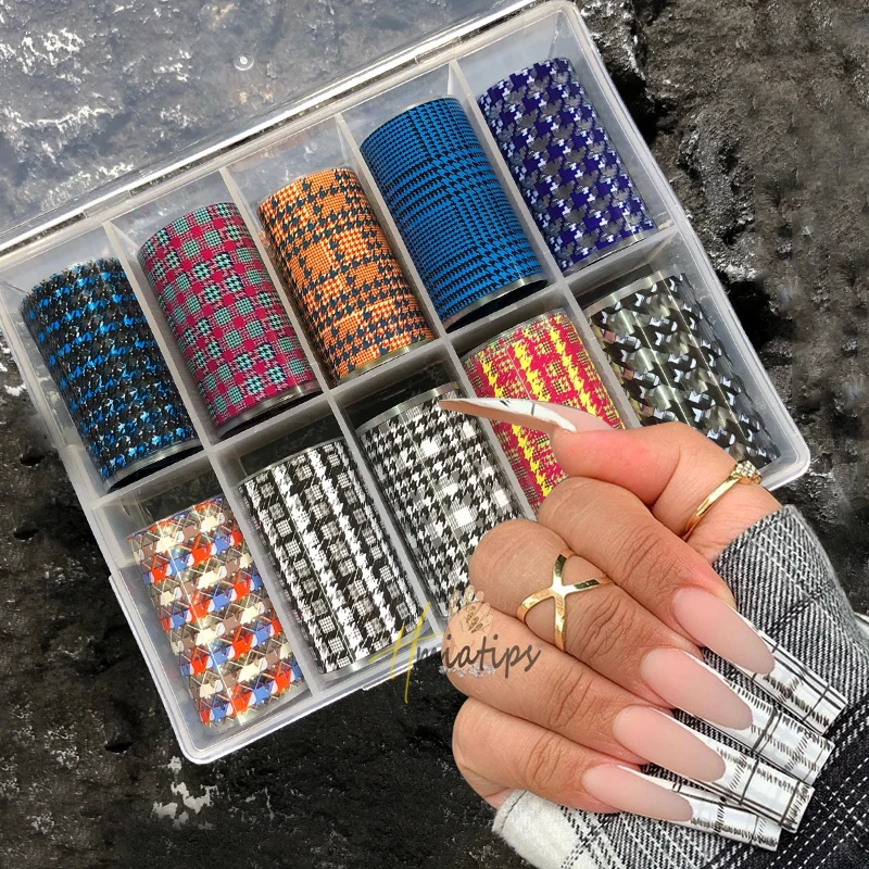 10 Rolls Autumn Checkered Stripes Nail Foils Stickers Decal Sliders Transfer Foil Wrap Leopard Nail Art Sticker