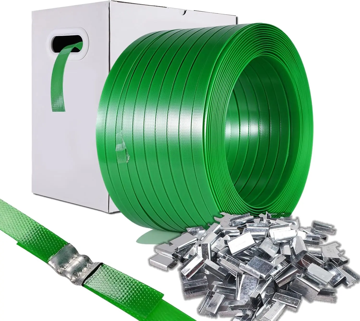 

Heavy-Duty Polyester Strapping Coil with 100 Metal Buckles - 5/8" x 1500 ft, Certified 1200 lbs Break Strength